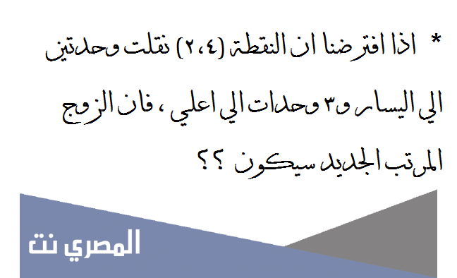 اذا افترضنا ان النقطة (2،4)نقلت وحدتين الي اليسار و3 وحدات الي اعلي ، فان الزوج المرتب الجديد سيكون